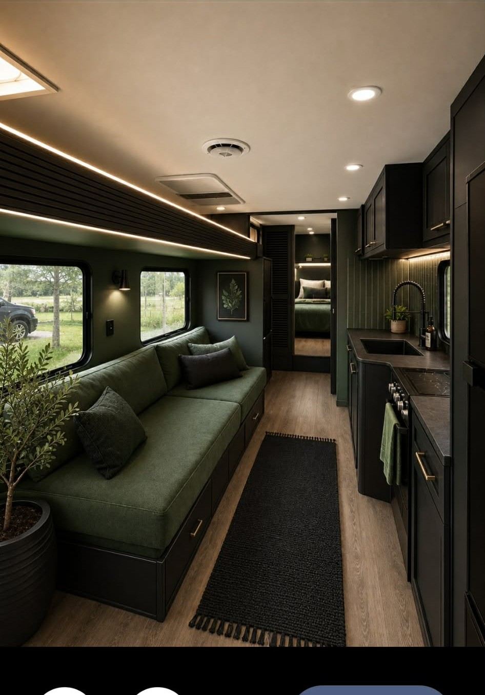 Concept interior with green bench seating and dark galley